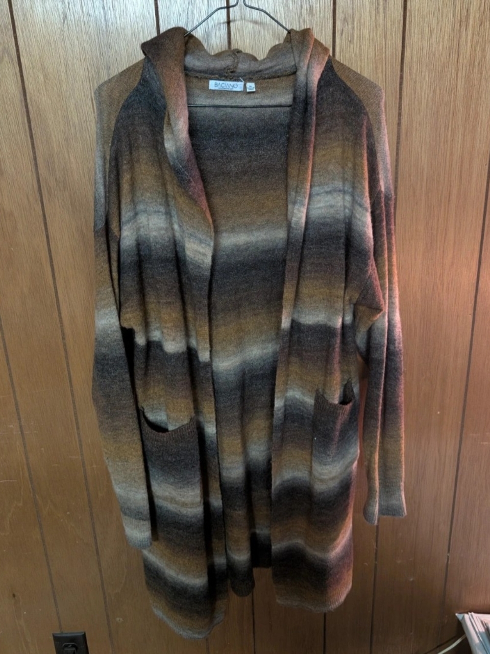 Braciano Multi-Brown Striped Open-Front Hooded Cardigan